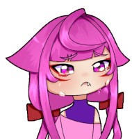 a cartoon drawing of a girl with pink hair and a sad look on her face