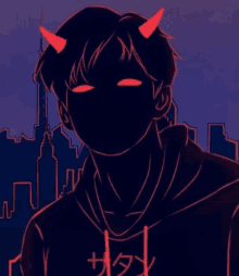 a drawing of a man with red horns and a hoodie that says " satan "