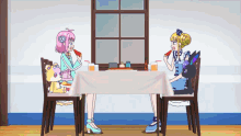 two anime girls are sitting at a table with a window in the background