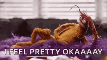 a stuffed animal is laying on a purple rug and saying `` i feel pretty okaaay '' .