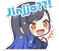 a sticker of a girl with long hair and the words `` jinja ? ''