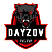 a logo for dayzov pve / pvp with a black and red wolf