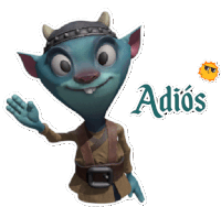 a cartoon character with horns and the word adios on the bottom