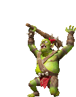 a green goblin is holding a sword in his hand and dancing .