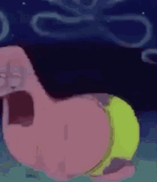 patrick star from spongebob squarepants is laying down in the water with his mouth open .