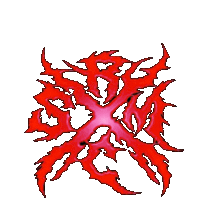 a drawing of a red flame with the letter x in the middle
