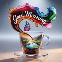 a cup of coffee with a butterfly and the words " good morning " on it