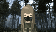 a girl wearing a gas mask is standing in a forest