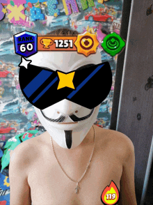 a person wearing a mask and sunglasses with a rank of 60