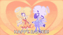 a couple of cartoon characters hugging each other with the words happy easter written below them .