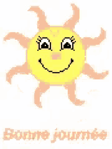 a cartoon sun with a smiling face and the words `` bonne journee '' underneath it .