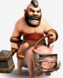 a cartoon character is sitting on a pig with a picture of a woman on it