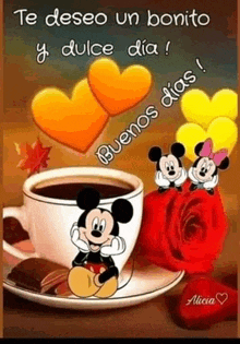 a cup of coffee with mickey mouse and minnie mouse sitting on it .