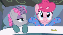 a cartoon of pinkie pie and a pony with curlers on their head