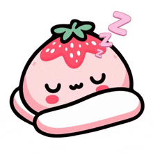 a cartoon illustration of a strawberry sleeping on a blanket