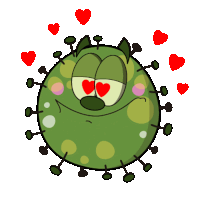 a cartoon illustration of a green monster with red hearts in its eyes