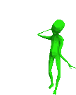 a green alien is standing on a white background holding a stick .