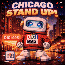 a poster for chicago stand up with a robot wearing a digi 995 sweatshirt