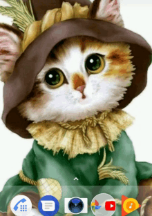 a painting of a cat wearing a hat and scarecrow costume