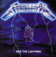 metallica 's ride the lightning album cover with a purple mcdonald 's character