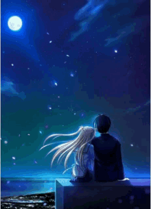 a boy and a girl sit on a ledge looking at the moon