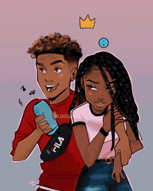 a drawing of a boy and a girl with a fila bag on their back