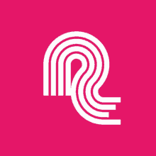 a pink background with a white letter r