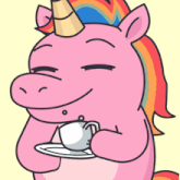 a pink unicorn with a rainbow mane is holding a cup and saucer