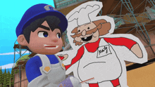 a boy in a blue hat stands next to a drawing of a chef with the name matt on his apron