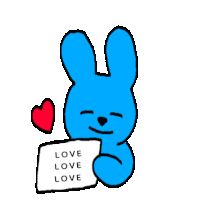 a blue rabbit is holding a piece of paper that says love