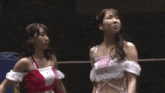 two women are standing next to each other in a wrestling ring and one has a pink top on