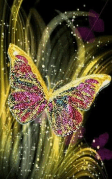 a colorful butterfly is flying in the air on a black background surrounded by sparkles .