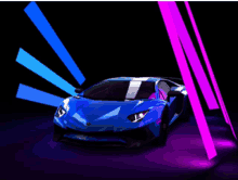 a blue lamborghini is surrounded by purple lights