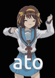 a girl in a school uniform is dancing with the word ato in the corner