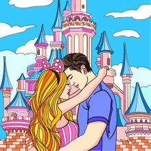 a man and woman kissing in front of a pink castle