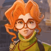 a cartoon character with orange hair and glasses is wearing a green turtleneck sweater .