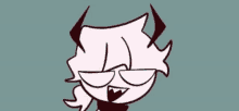 a close up of a cartoon character 's face with horns and glasses .