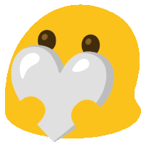 a yellow smiley face with brown eyes and a white heart in its mouth