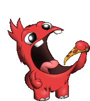 a red monster with its mouth open is eating a slice of pizza