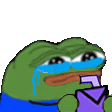 a green frog is crying while drinking a purple drink .