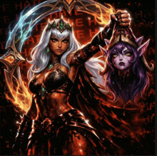 a painting of a woman holding another woman 's head with a crown on her head