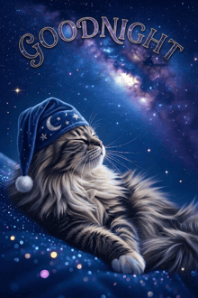 a cat wearing a sleep cap says goodnight