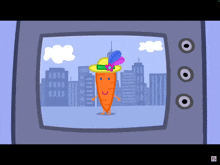 a cartoon of a carrot wearing a hat with feathers on it