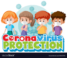 a group of children wearing face masks on a coronavirus protection sign