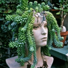 a mannequin head with a plant growing out of it 's head