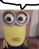 a close up of a minion with big eyes and a speech bubble above it