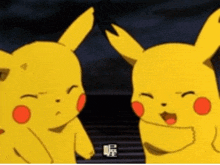 two pikachu are standing next to each other with their eyes closed