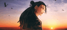 a painting of a man standing in front of a sunset with his eyes closed