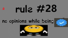 rule # 28 no opinions while being with a smiley face in the corner