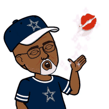 a cartoon of a man wearing a cowboys hat and shirt blowing a kiss